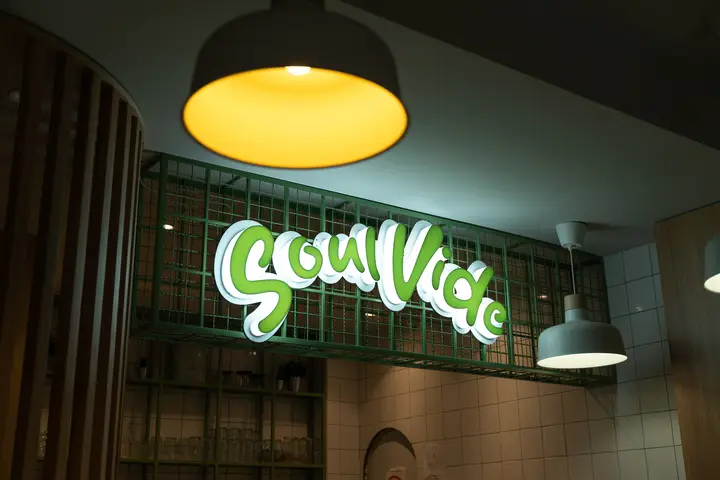 Soul Vide neon sign inside the restaurant